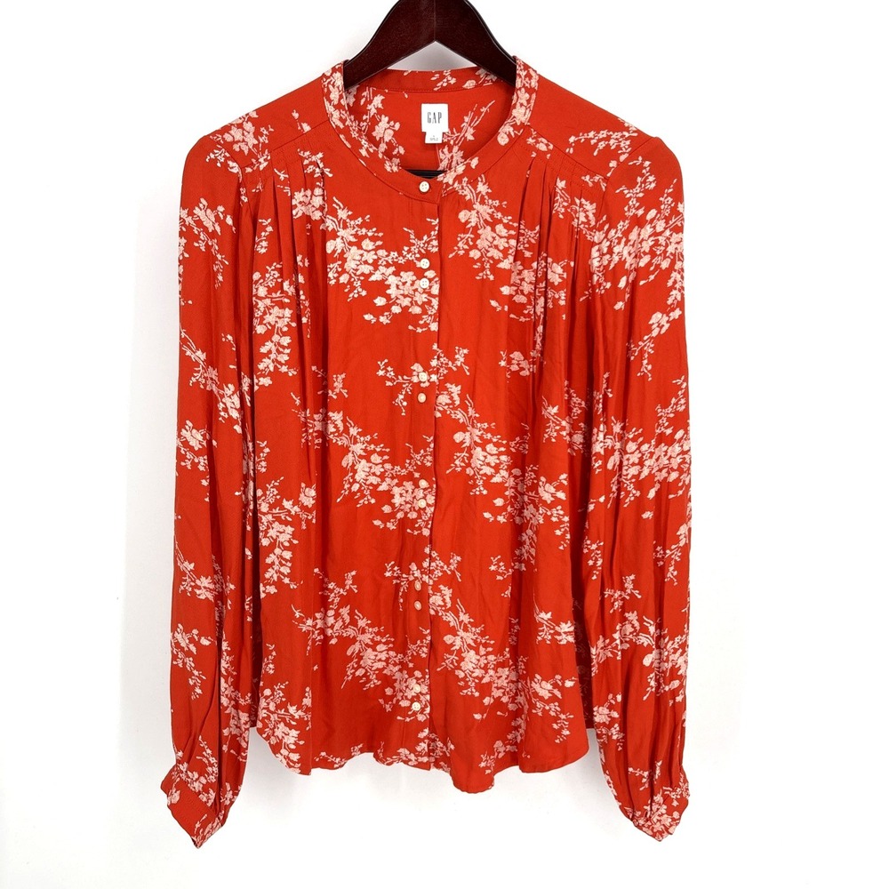 NEW! GAP Orange Button Shirt Top Blouse Floral Pleated Rayon Long-Sleeve L NWT